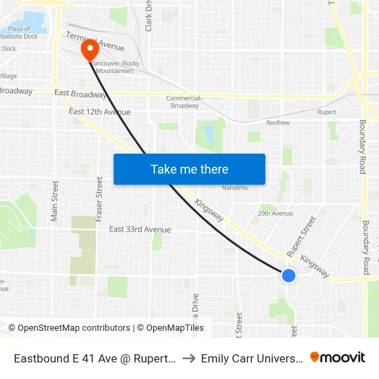 Eastbound E 41 Ave @ Rupert St to Emily Carr University map
