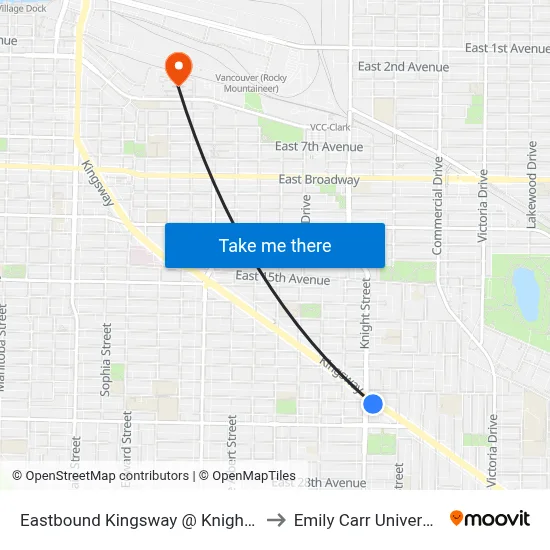 Eastbound Kingsway @ Knight St to Emily Carr University map