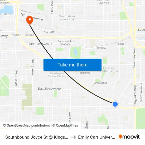 Southbound Joyce St @ Kingsway to Emily Carr University map