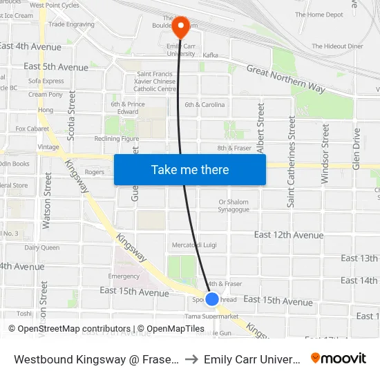 Westbound Kingsway @ Fraser St to Emily Carr University map