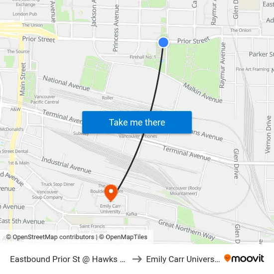 Eastbound Prior St @ Hawks Ave to Emily Carr University map