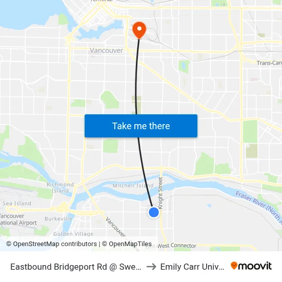 Eastbound Bridgeport Rd @ Sweden Way to Emily Carr University map
