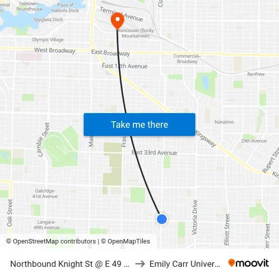 Northbound Knight St @ E 49 Ave to Emily Carr University map