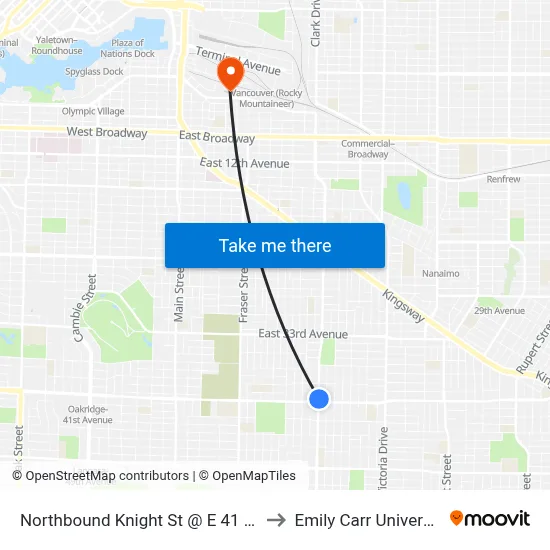 Northbound Knight St @ E 41 Ave to Emily Carr University map