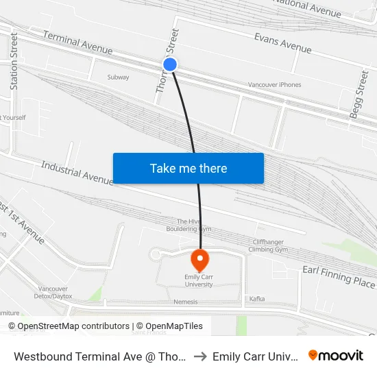 Westbound Terminal Ave @ Thornton St to Emily Carr University map