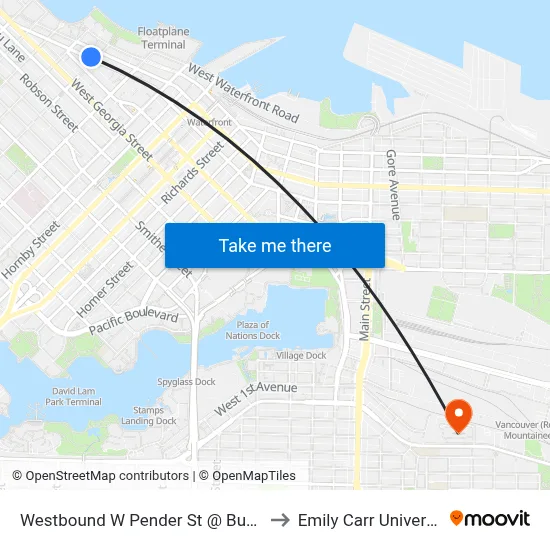 Westbound W Pender St @ Bute St to Emily Carr University map