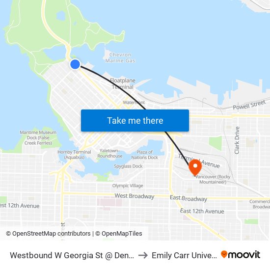Westbound W Georgia St @ Denman St to Emily Carr University map