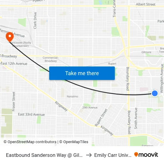Eastbound Sanderson Way @ Gilmore Way to Emily Carr University map