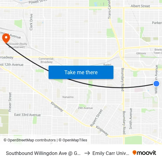 Southbound Willingdon Ave @ Goard Way to Emily Carr University map