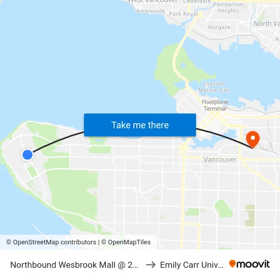 Northbound Wesbrook Mall @ 2100 Block to Emily Carr University map