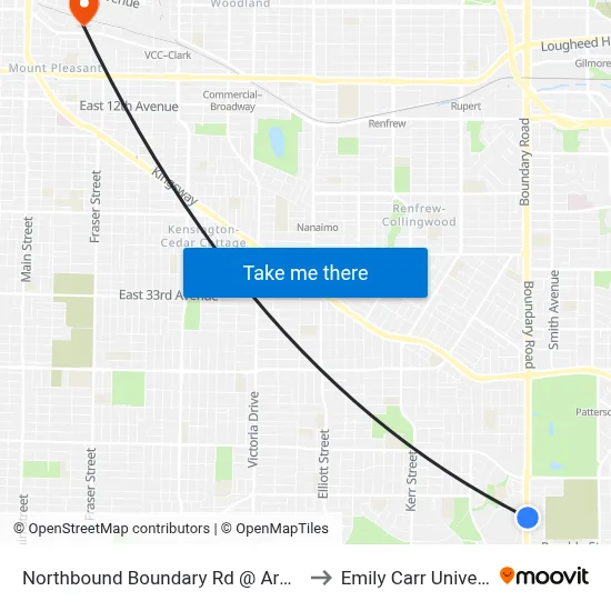 Northbound Boundary Rd @ Arbor Ave to Emily Carr University map