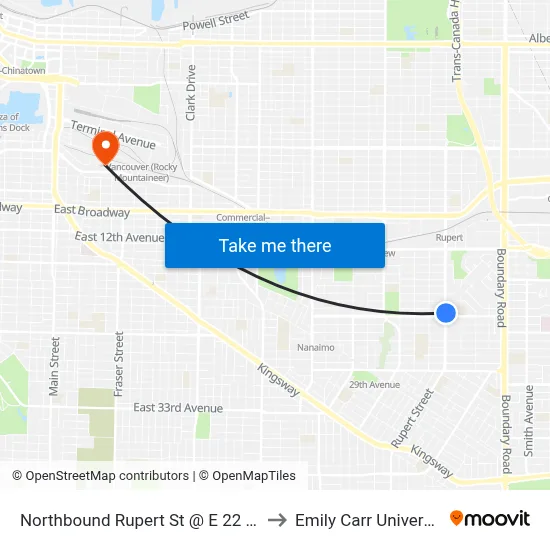 Northbound Rupert St @ E 22 Ave to Emily Carr University map