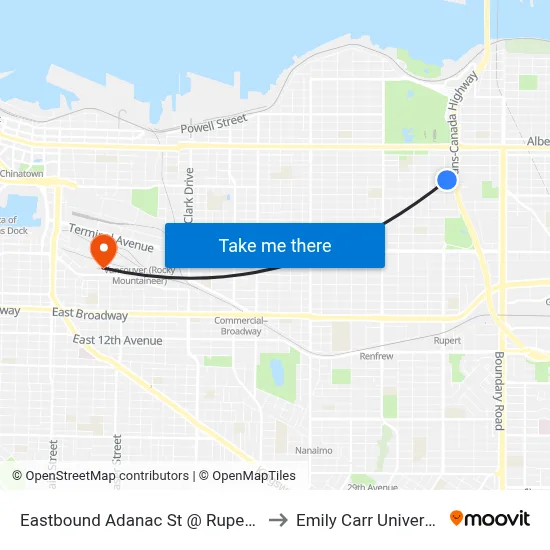 Eastbound Adanac St @ Rupert St to Emily Carr University map