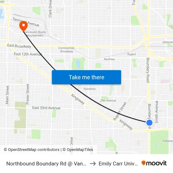 Northbound Boundary Rd @ Vanness Ave to Emily Carr University map