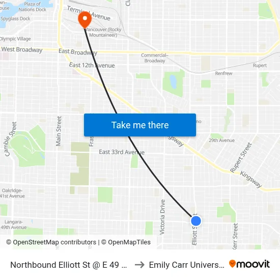 Northbound Elliott St @ E 49 Ave to Emily Carr University map