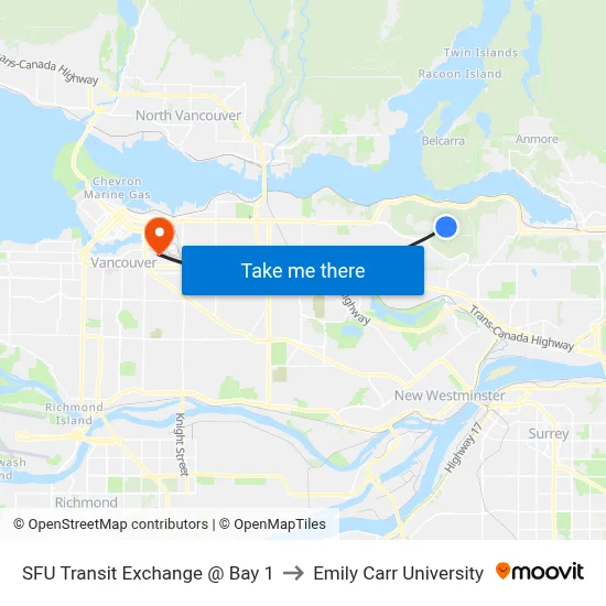 SFU Transit Exchange @ Bay 1 to Emily Carr University map