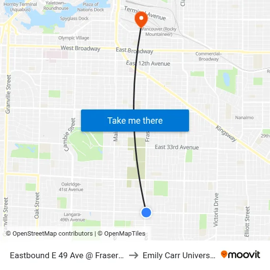 Eastbound E 49 Ave @ Fraser St to Emily Carr University map