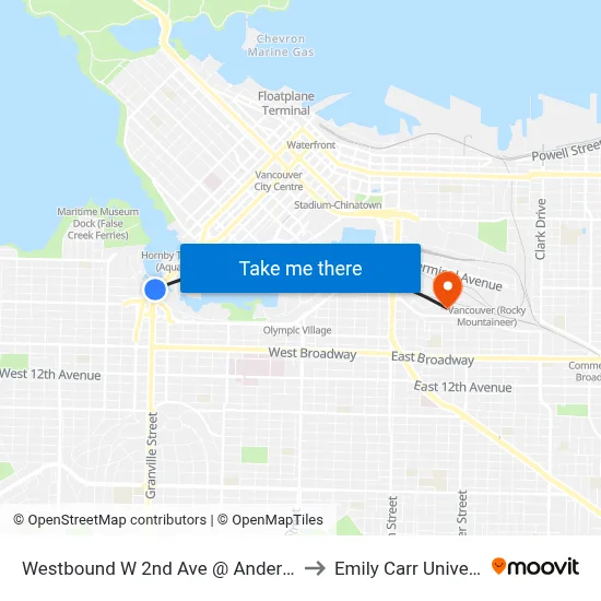 Westbound W 2nd Ave @ Anderson St to Emily Carr University map