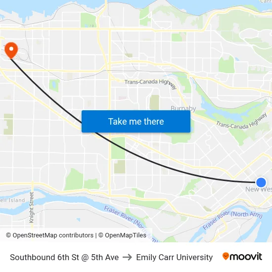 Southbound 6th St @ 5th Ave to Emily Carr University map