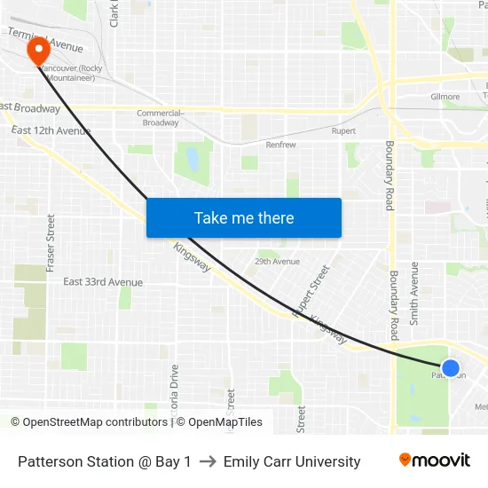Patterson Station @ Bay 1 to Emily Carr University map
