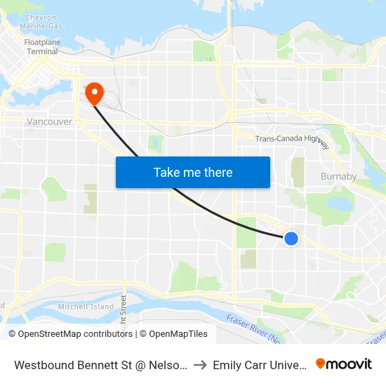 Westbound Bennett St @ Nelson Ave to Emily Carr University map