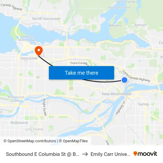 Southbound E Columbia St @ Braid St to Emily Carr University map