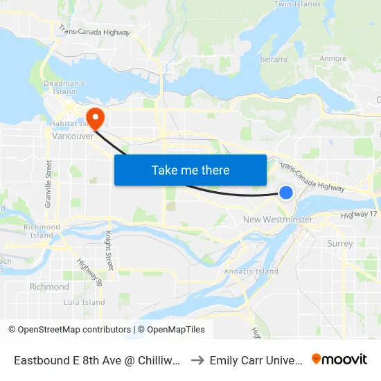 Eastbound E 8th Ave @ Chilliwack St to Emily Carr University map