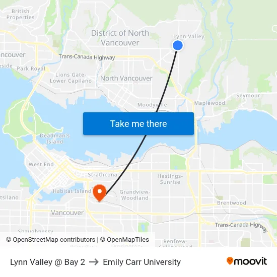 Lynn Valley @ Bay 2 to Emily Carr University map