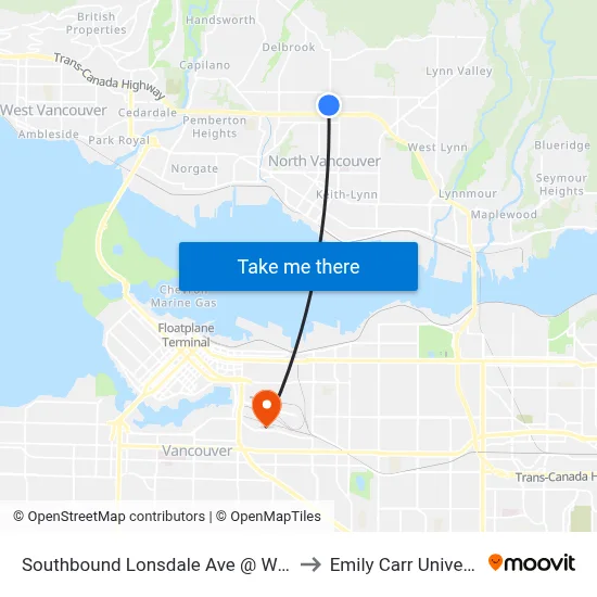 Southbound Lonsdale Ave @ W 27 St to Emily Carr University map
