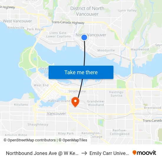 Northbound Jones Ave @ W Keith Rd to Emily Carr University map