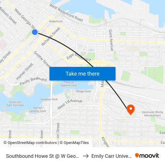 Southbound Howe St @ W Georgia St to Emily Carr University map