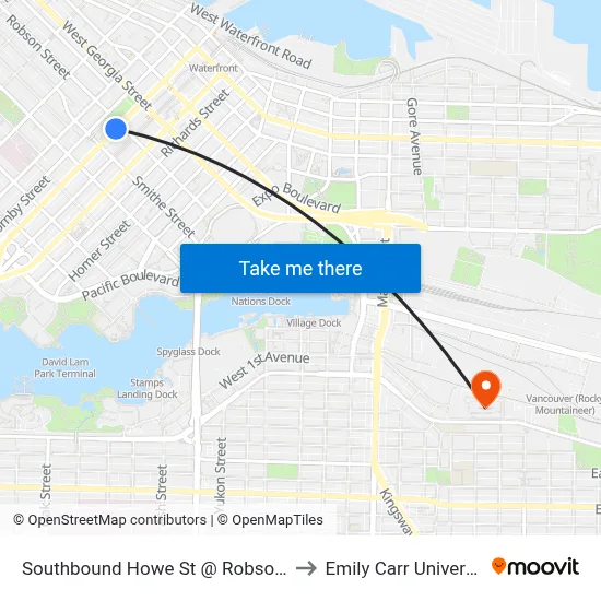 Southbound Howe St @ Robson St to Emily Carr University map