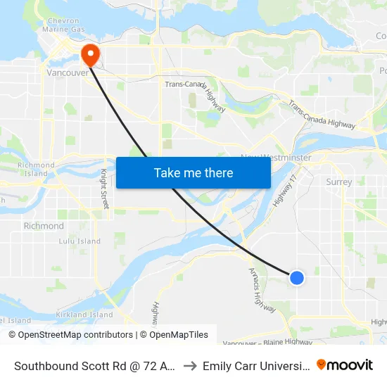 Southbound Scott Rd @ 72 Ave to Emily Carr University map