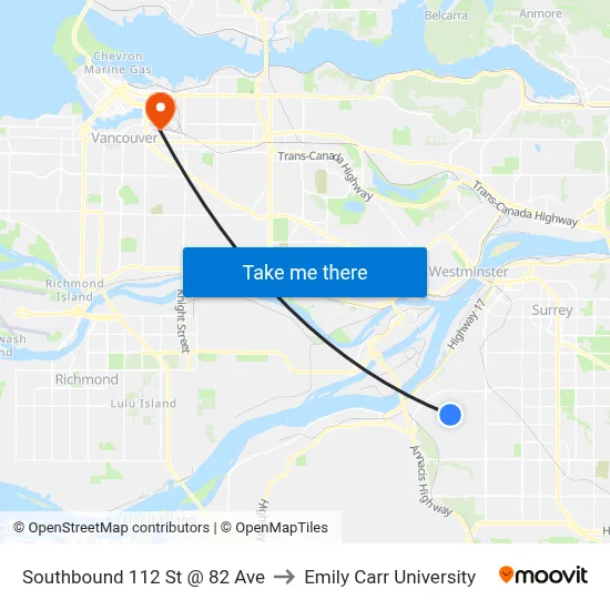 Southbound 112 St @ 82 Ave to Emily Carr University map