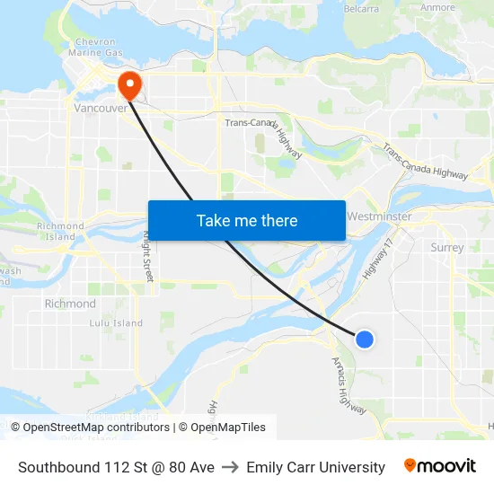 Southbound 112 St @ 80 Ave to Emily Carr University map