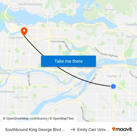 Southbound King George Blvd @ 96 Ave to Emily Carr University map