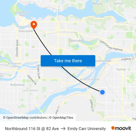 Northbound 116 St @ 82 Ave to Emily Carr University map
