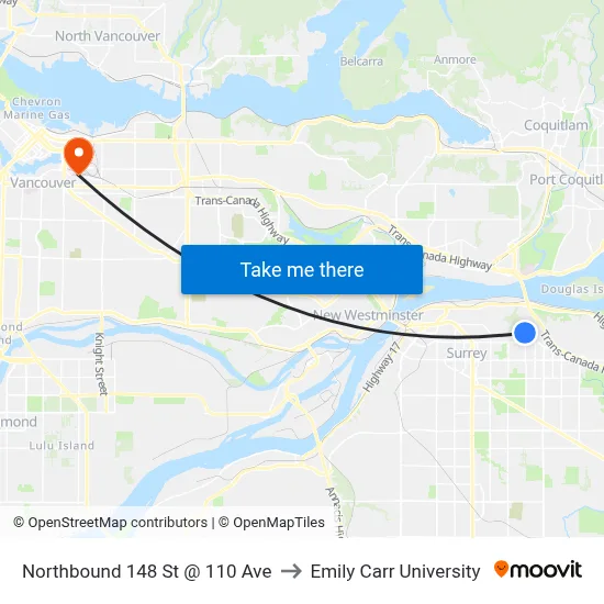 Northbound 148 St @ 110 Ave to Emily Carr University map