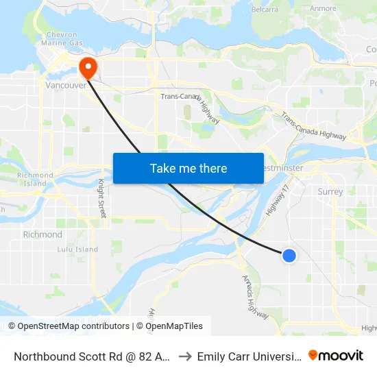 Northbound Scott Rd @ 82 Ave to Emily Carr University map
