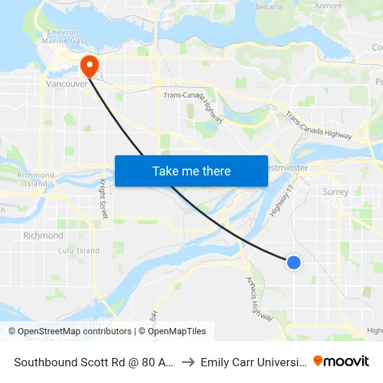 Southbound Scott Rd @ 80 Ave to Emily Carr University map