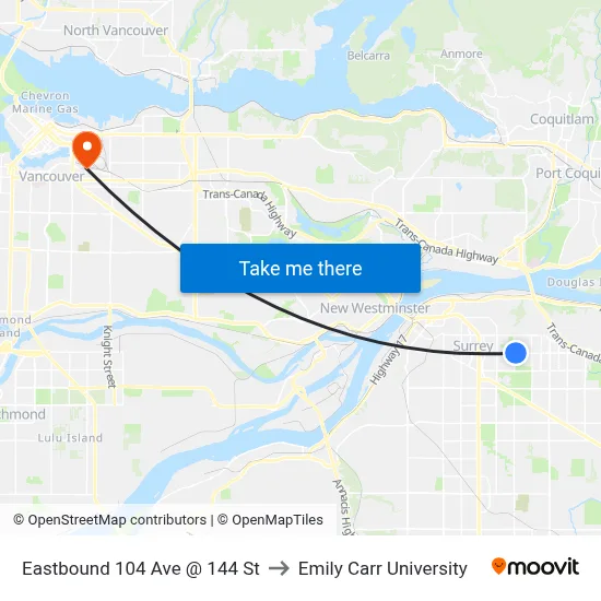 Eastbound 104 Ave @ 144 St to Emily Carr University map