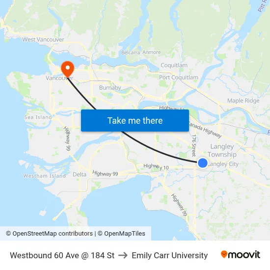 Westbound 60 Ave @ 184 St to Emily Carr University map