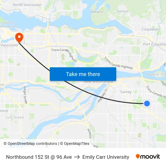 Northbound 152 St @ 96 Ave to Emily Carr University map
