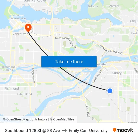 Southbound 128 St @ 88 Ave to Emily Carr University map