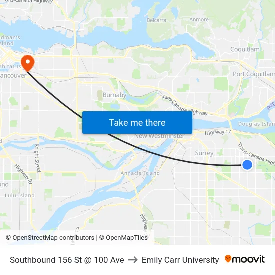 Southbound 156 St @ 100 Ave to Emily Carr University map