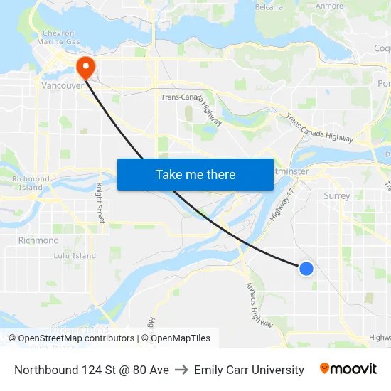Northbound 124 St @ 80 Ave to Emily Carr University map
