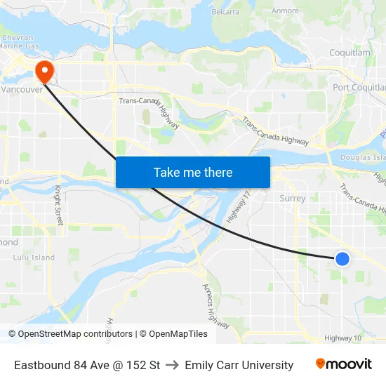 Eastbound 84 Ave @ 152 St to Emily Carr University map