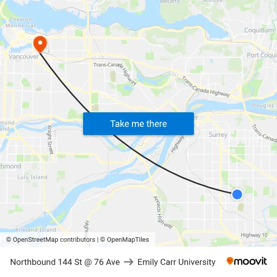 Northbound 144 St @ 76 Ave to Emily Carr University map