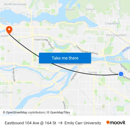 Eastbound 104 Ave @ 164 St to Emily Carr University map