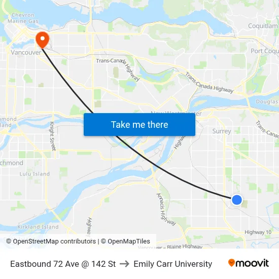 Eastbound 72 Ave @ 142 St to Emily Carr University map